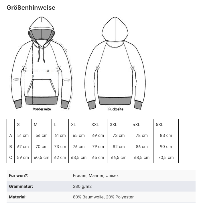 Größentabelle Rehmigration Hoodie beige Druck hinten