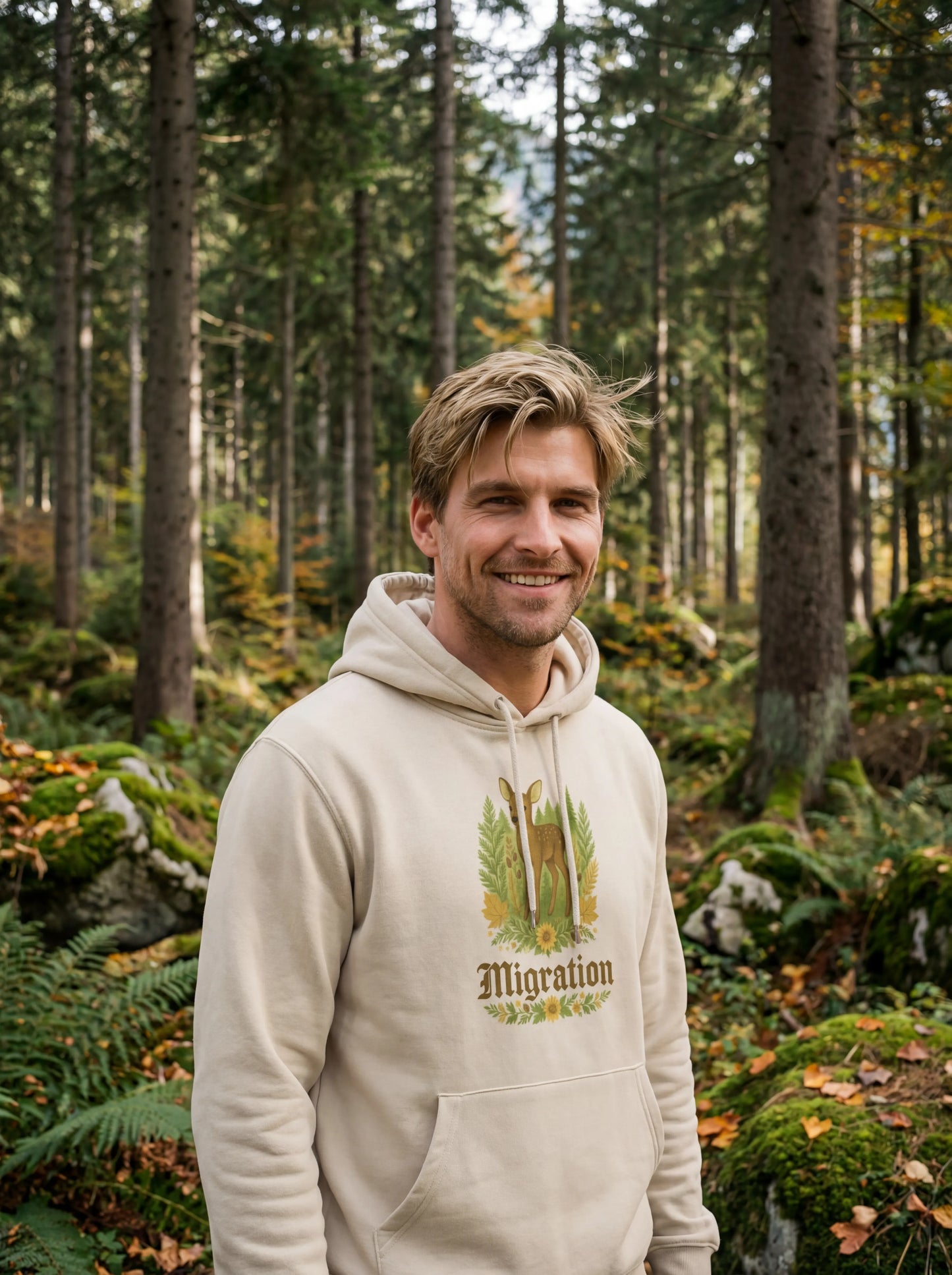 Rehmigration Hoodie beige Druck vorne