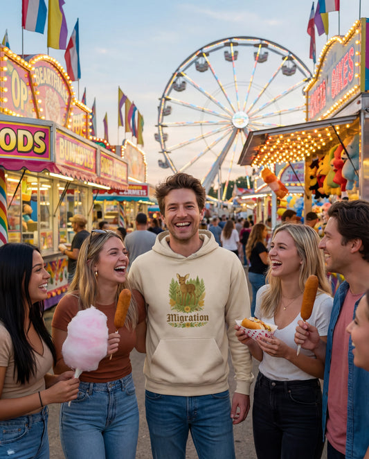 Rehmigration Hoodie beige Druck vorne