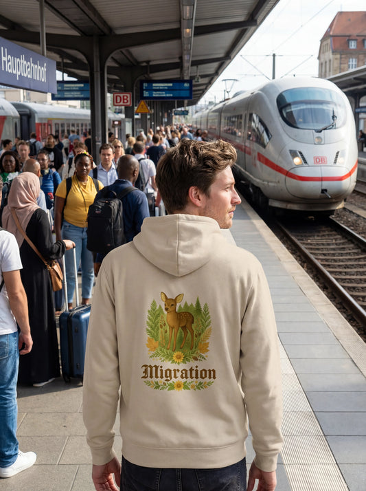 Rehmigration Hoodie beige Druck hinten