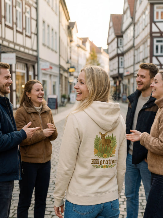 Rehmigration Frauen Hoodie beige Druck hinten